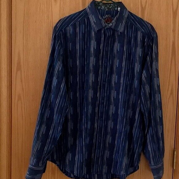 ROBERT GRAHAM Shirt Classic Fit Blue Stripes FLIP CUFF Coupe Classique Lg EUC!! - Picture 1 of 11